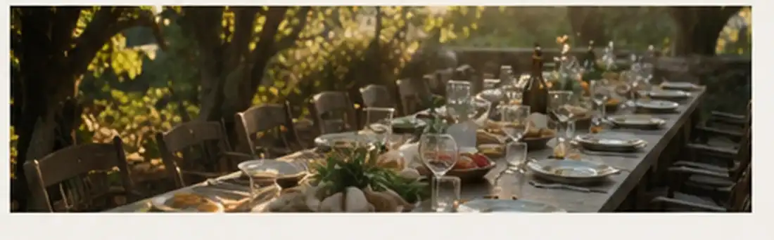 Long outdoor table under trees with simple seasonal food, bread, vegetables and wine