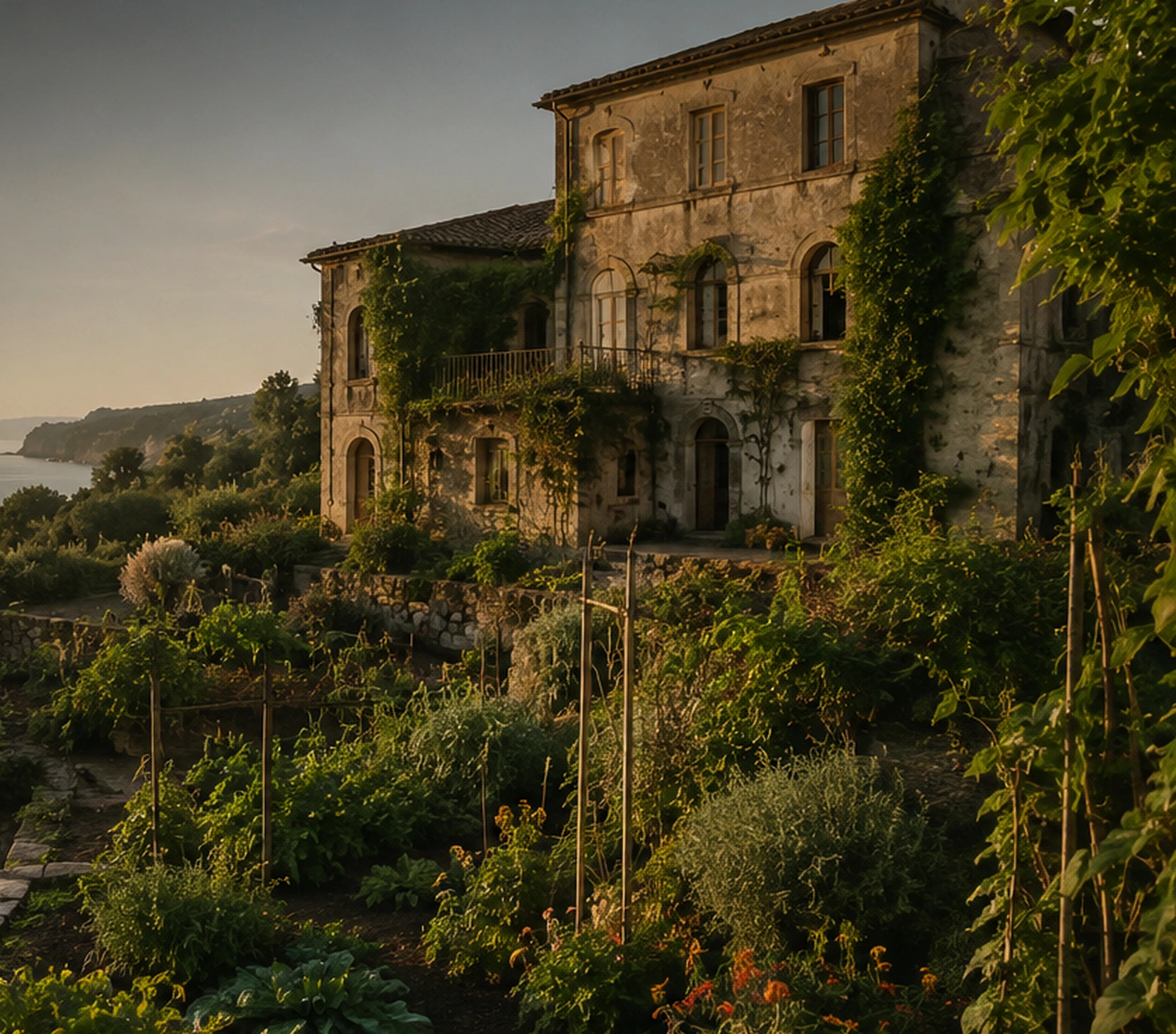 Dense regenerative permaculture garden with mixed vegetables, flowers, herbs and perennial plantings