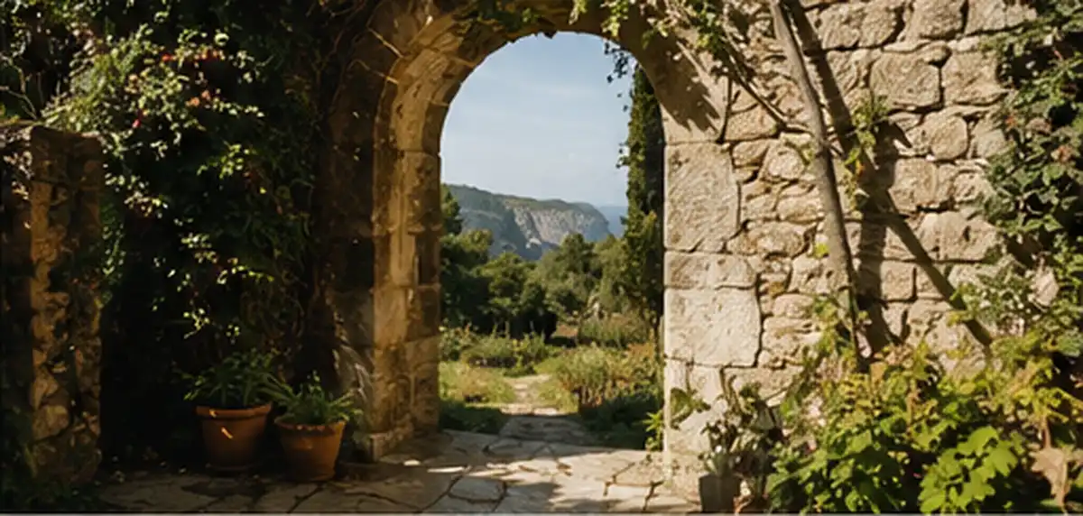 Stone arch opening from an old coastal estate into a productive garden