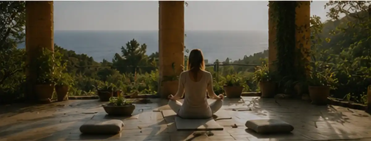 Quiet morning yoga and pranayama practice on a shaded terrace overlooking the sea